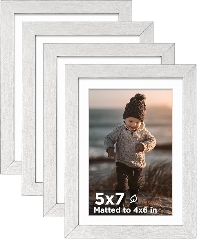 KINLINK 5x7 Picture Frame Silver Set of 4, Wooden Photo Frames Matted 4x6 with Plexiglass for 4x6 with Mat or 5x7 without Mat for Table and Wall Display