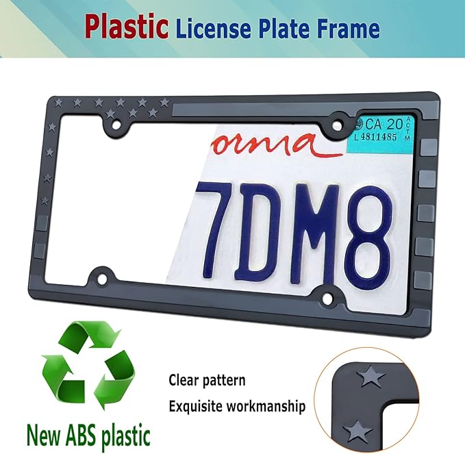 BGGTMO American Flag License Plate Frames- Patriotic USA Stars and Stripes Plastic Car Tag Holder Cover (Gloss on Matte Black) with Screws