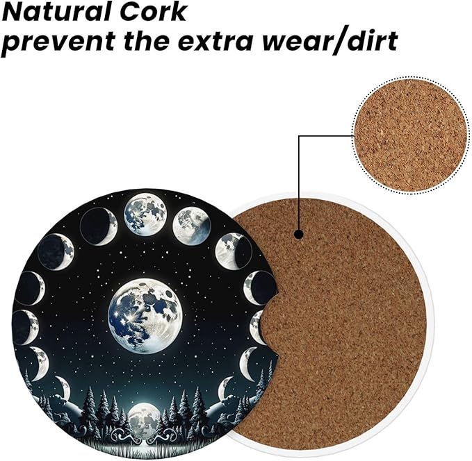 ABLESKY Car Coasters for Cup Holders, 2 Pack Absorbent Anti Slip Car Cup Holder Coasters, 2.56 Inch Ceramic Universal Size Auto Interior Accessories Women Men-Black Moon Forest Phase