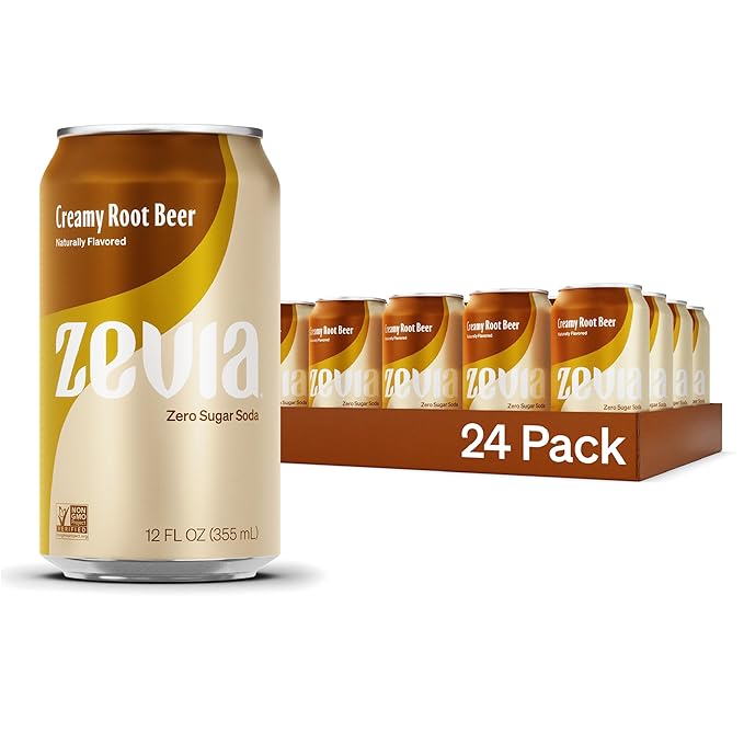 Zevia Zero Sugar Soda, Creamy Root Beer, 12 oz Cans (24-Pack) – Naturally Sweetened, Non-GMO Project Verified, Gluten-Free, Vegan