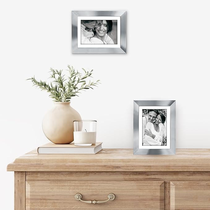 Americanflat 5x7 Picture Frame in Silver - Displays 4x6 With Mat and 5x7 Without Mat - Composite Wood with Polished Glass - Horizontal and Vertical Formats for Wall and Tabletop - Pack of 2