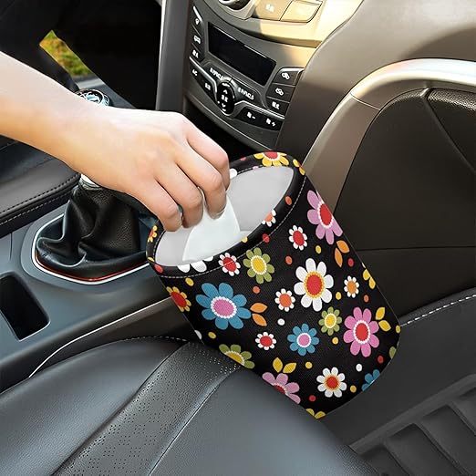 Colorful Hippie Flowers Car Trash Can Collapsible Car Waste Basket Container Waterproof Auto Storage Box Travel Accessories