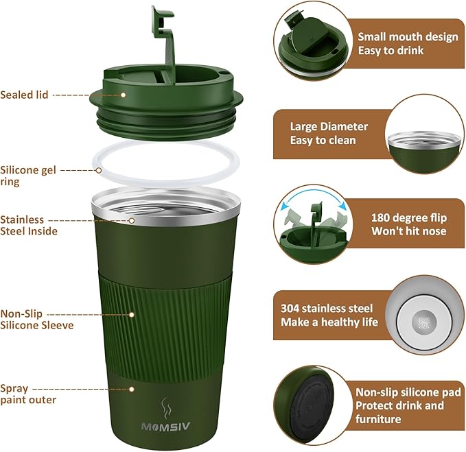 MOMSIV 17oz Travel Mug, Insulated Coffee Cup with Leakproof Lid, Vacuum Stainless Steel Double Walled Reusable Tumbler for Hot and Cold Water Coffee and Tea In Travel and Car
