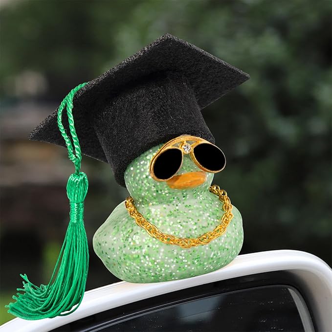 wonuu Car Dashboard Decor Graduation Hat Color Rubber Duck, Car Ducks Ornaments with Mini Graduation Hat Necklace Sunglasses (Light Green)