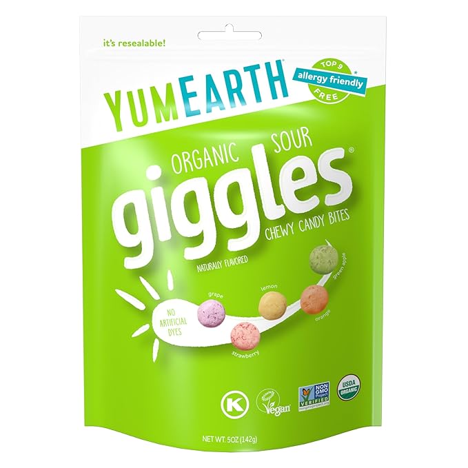 YumEarth Organic Sour Giggles Chewy Candy - Allergy Friendly (Top 9 Free), No Artificial Dyes or Flavors, Non GMO, Gluten Free, Vegan Candy Snacks - 5 Ounce Bag (Pack of 1)