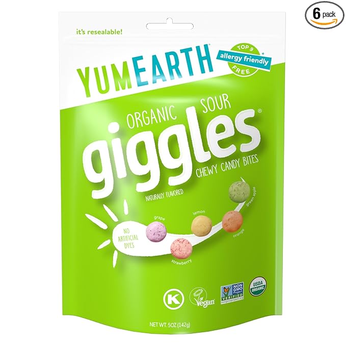 YumEarth Organic Sour Giggles Chewy Candy – Allergy Friendly, No Artifical Dyes, Non GMO, Gluten Free, Sour Fruit Flavored, Vegan Candy Snacks with No Artificial Flavors, 5 oz (Pack of 6)