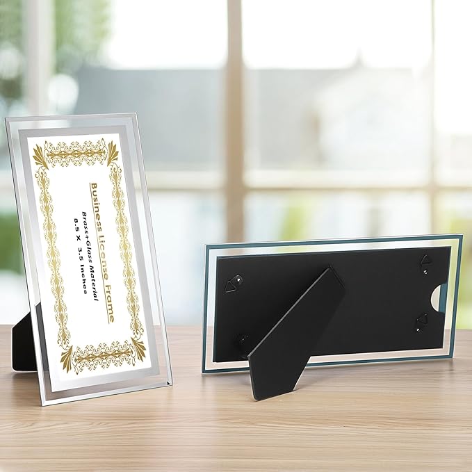 JUXYES 2 Pack Clear Glass Business License Frame for Wall and Tabletop - Display Picture or Retail Licenses, Transparent Certificate Holder for License Cosmetology Salon Esthetician, 3.5 x 8.5 Inches