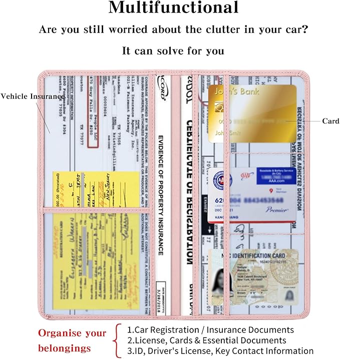 Leather Car Registration and Insurance Card Holder, Car Document Holder for Cards License with Magnetic Shut (Pink, large)