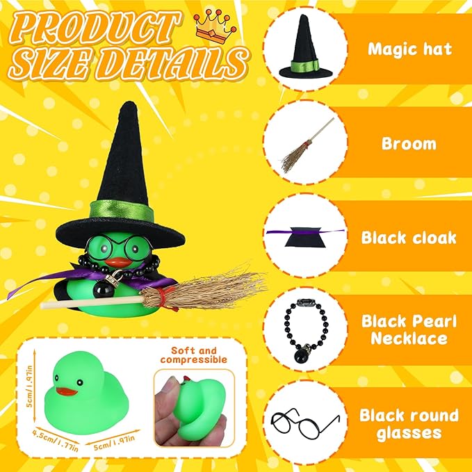 Rubber Duck Car Decorations with Magic Hat, Broom, Glasses & Accessories - Funny Dashboard Ornaments for Car, Home, Office (Green)