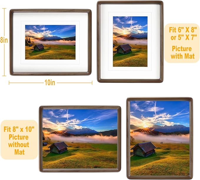 HELPLEX 8x10 Picture Frame Set of 2 - Matte Black Walnut Wood with HD Tempered Glass, Adjustable for 6x8/5x7 Matted or 8x10 Open, Gallery-Quality Vertical/Horizontal Wall or Tabletop Display