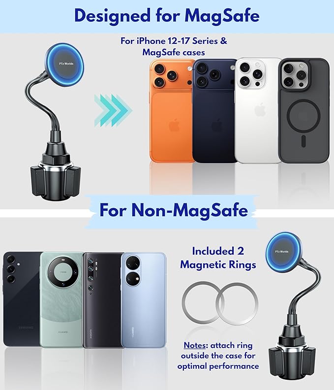 Cup Holder Phone Mount Magnetic - Designed for MagSafe Cupholder Car Mount, Super Strong Magnet for Cell Phone Cup Holders, Expandable Base, Flexible Gooseneck, Compatible with iPhone, Galaxy, Pixel