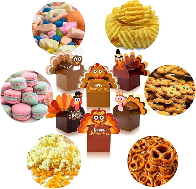 18Pcs Thanksgiving Party Favor Boxes Thankful Turkey Candy Treat Boxes, 6 Styles, Happy Thanksgiving Day Turkey Paper Gift Boxes for Fall Holidays Harvest Day Supplies