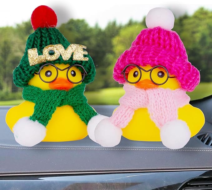 Car Rubber Duck Ornament Winter Duck Car Dashboard Decoration Accessories with Mini Hat Sunglasses Scarf or Bow(E1)