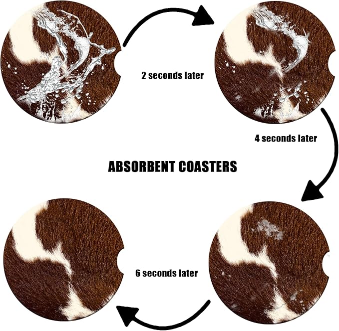 Car Cup Holder Coaster -Cow Hide Brown Absorbent Ceramic Coaster, Car Coasters for Cup Holders, Auto Accessories for Women & Men, Pack of 2