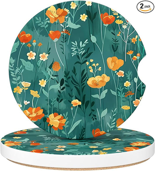 Car Cup Holder Coasters, 2 Pack Universal Auto Anti Slip Insert Coaster with A Finger Notch, Cup Mat for Most Car Interior, Beautiful Flowers