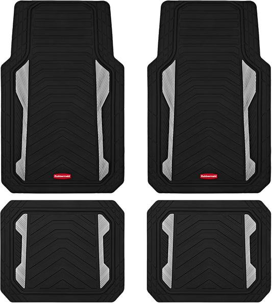 Rubbermaid Car Floor Mat, Heavy Duty All-Weather Car Mats Full Set with Dual-Tone Sliver Aluminum Inserts – Universal Fit, Anti-Slip Backing, Trim-to-Fit for Most SUV, Sedan, Van