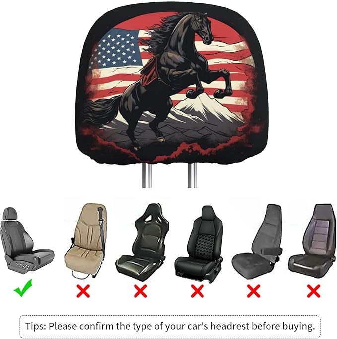 Dujiea 2 Pack Horse Jumping Mountain American Flag Car Headrest Covers, Universal Soft Car Seat Head Rest Cover Protector, Vehicle Accessories Fabric Headrest Cover for Cars Vans Trucks