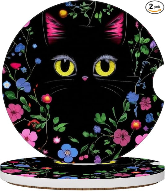 2 Pack Cute Flower Balck Coasters for Cup Holders, Ceramic Car Cup Holder Coaster for Car, Absorbent Car Cup Coasters with Cork Base Car Interior Accessories for Women Men