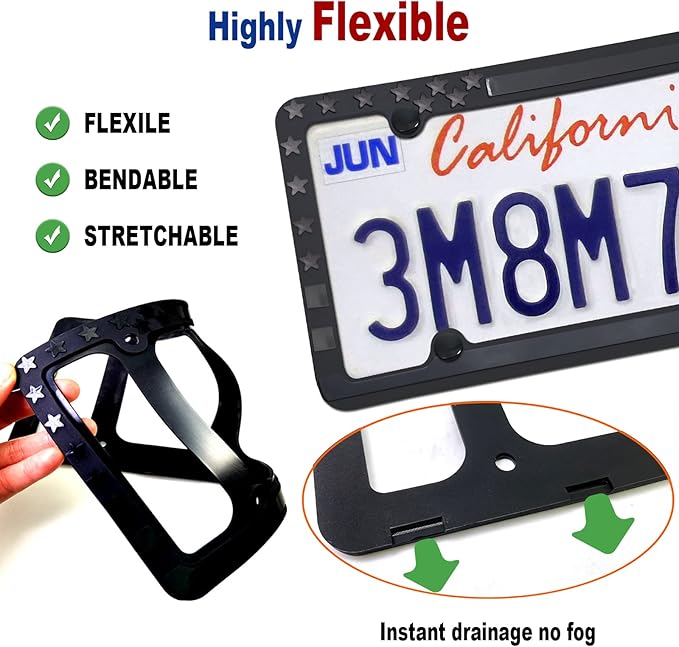 BGMVFK Silicone American Flag License Plate Frames- Patriotic Black Rubber USA Stars and Stripes Flag on Matte Black Holder Cover with Screws Caps, 2 Pack for Front and Rear Car Tags