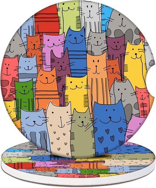 Colorful Cat Car Coasters for Cup Holders, Cat Lover Absorbent Ceramic Car Coaster Car Cup Holder Coaster Car Accessories for Women Men (2 Pack)