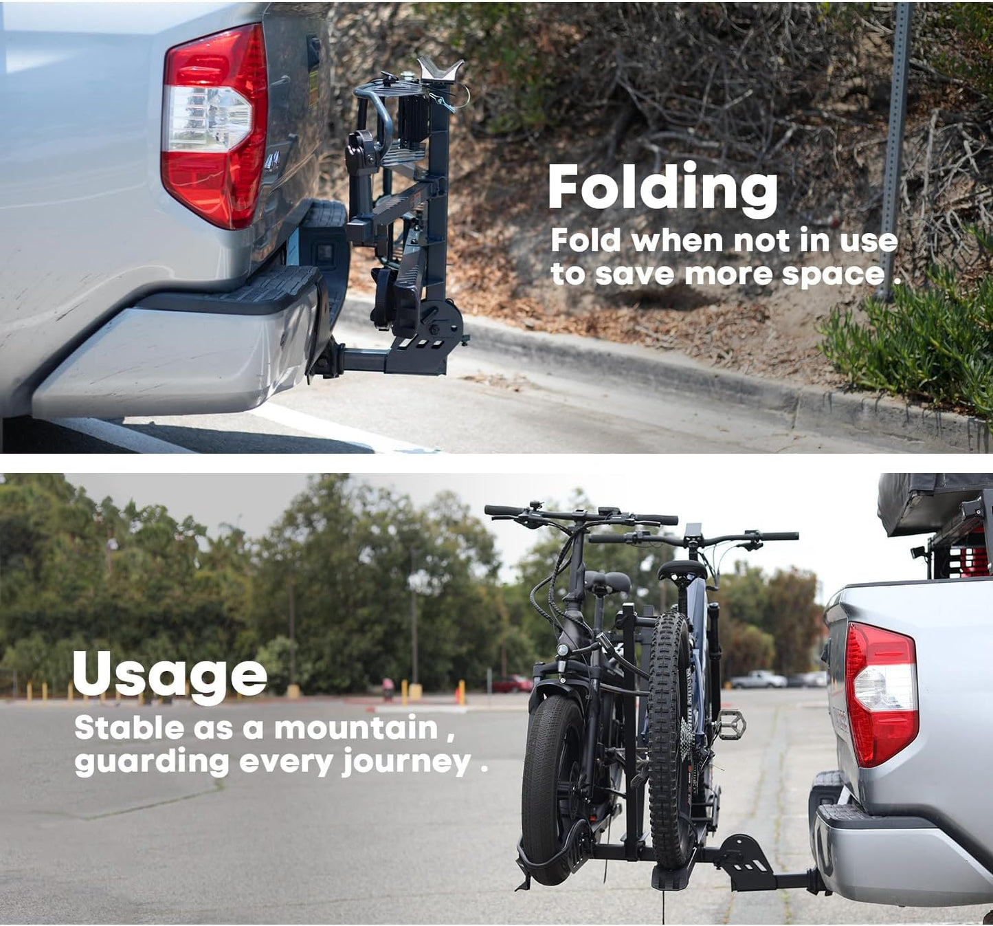 EBike Rack with Ramp, 200 lbs Capacity Heavy Bike Rack Electric Bike Carrier for 2 E-Bike, Foldable Bike Racks for Tow Hitch Up to 5-inch Fat Tire 2'' Receiver