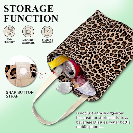 Car Trash Can, Cute Car Trash Bag, Hanging Car Organizer and Storage Bag, Trash Bin for Car Accessories, Vehicle, Travelling, Camping Cute Brown Leopard
