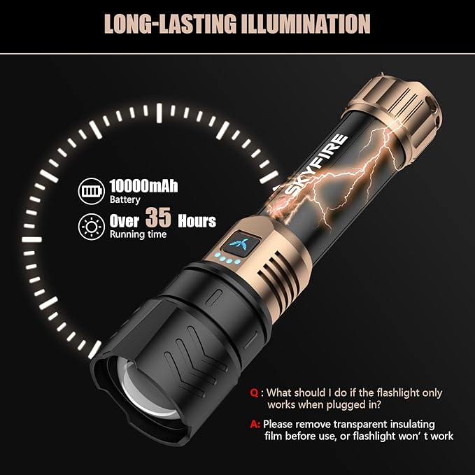 SKYFIRE Rechargeable Flashlights High Lumens with Ignition Lens&White Yellow Blue Light,10000mAh LED Super Bright Flashlight,Zoomable,4 Modes,Waterproof Tactical Flash Light for Outdoor,Home &Gift