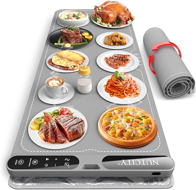 Food Warming Mat – Extra Large (40"x15"), 550W | Ideal for holidays, family gatherings, buffets. Features 7 temperature settings, child safety lock, 8-hour timer, and includes a heat-resistant mat.