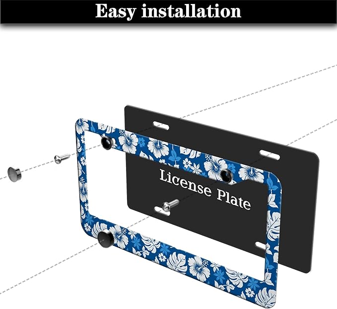 License Plate Protector White Purple License Plate Frames Hawaiian Hibiscus Aluminum Metal Car Accessory 2 Pack with Screw Covers Set
