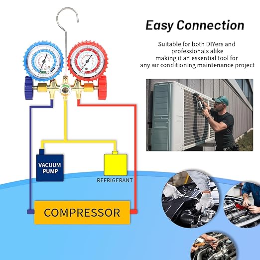 PB Motor Tech AC Diagnostic Manifold Gauge Set for R134A, R12, R22, R502 Refrigerants, Includes 4FT Three-Color Hoses and 2 Quick Couplers - Automotive & Household AC Maintenance