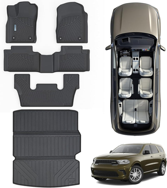 Floor Mats & Large Trunk Mat for 2016-2023 2024 Dodge Durango（Only Fit 6 Seats）-2nd Row Bucket Seat,TPE All Weather Protection 3 Rows Car Floor Liners with Large Cargo Liners