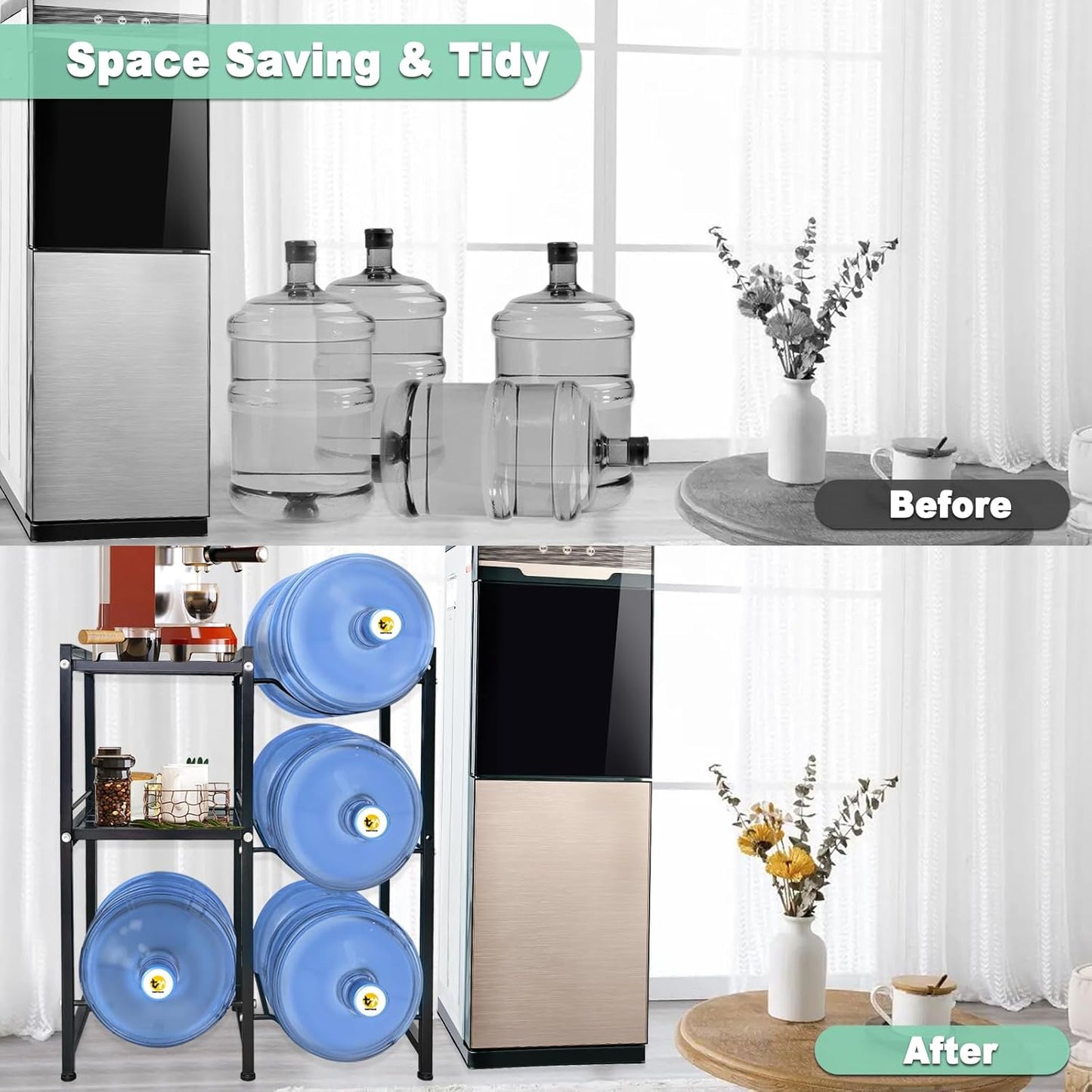 5 Gallon Water Jug Holder with 2 Storage Shelves, 3 Tier Water Bottle Holder Heavy Duty Jug Stand for Home Office Kitchen Organizer