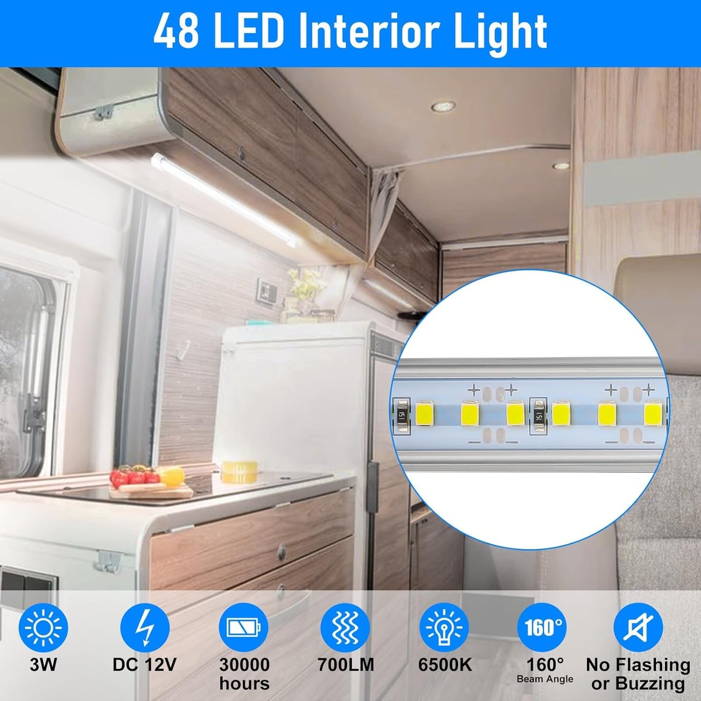 Linkstyle 2PCS 12V Interior LED Light Bar, 48 LEDs Slim Light Strip w/Switch, for Car Trailer Truck RV Van Boat, 6500K