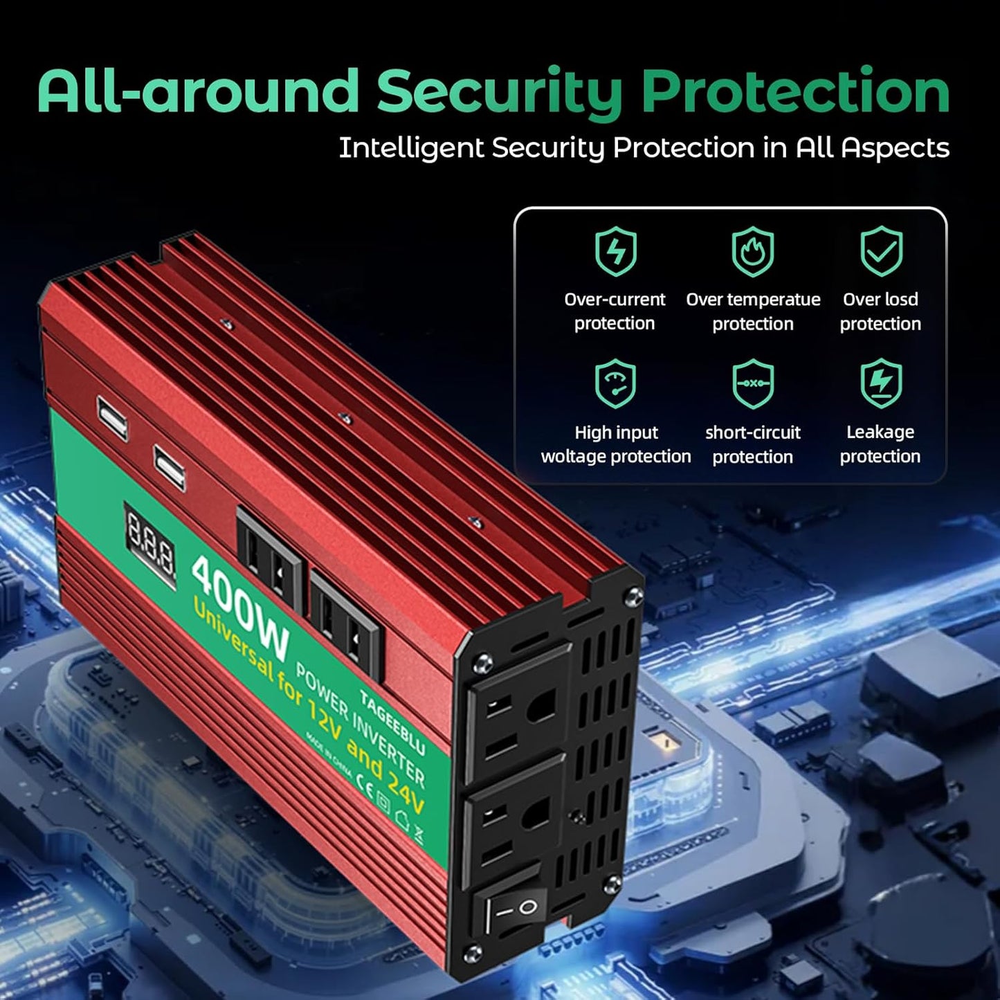 400W Power Inverter, DC 12V/24V to 110V AC Car Inverter for Truck, Home, Vehicles, Laptop, Trip