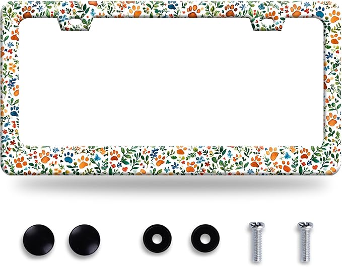Watercolor Dog Paw License Plate Frame Floral Leaves License Plate Frames Funny Auto Accessory Bracket Stainless Steel Cute Animal License Plate for Men Women 6.3 x 12.3 Inch