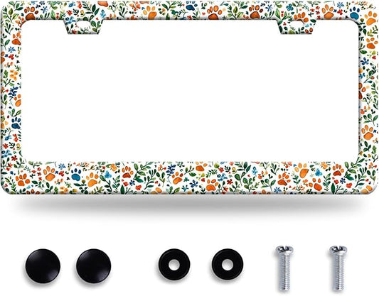 Watercolor Dog Paw License Plate Frame Floral Leaves License Plate Frames Funny Auto Accessory Bracket Stainless Steel Cute Animal License Plate for Men Women 6.3 x 12.3 Inch