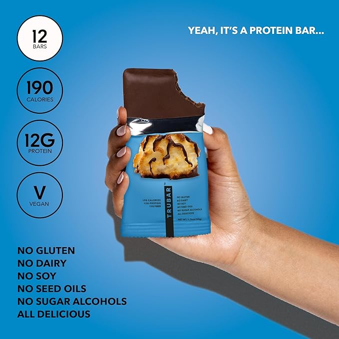 TRUBAR Vegan Protein Bar, Cocoa For Coconuts, Gluten Free, Plant Based Protein, Dairy Free, Non GMO, Soy Free, No Sugar Alcohols, 12G Protein, 12G Fiber, 23G Carb, On the Go Snack Bars, 12ct