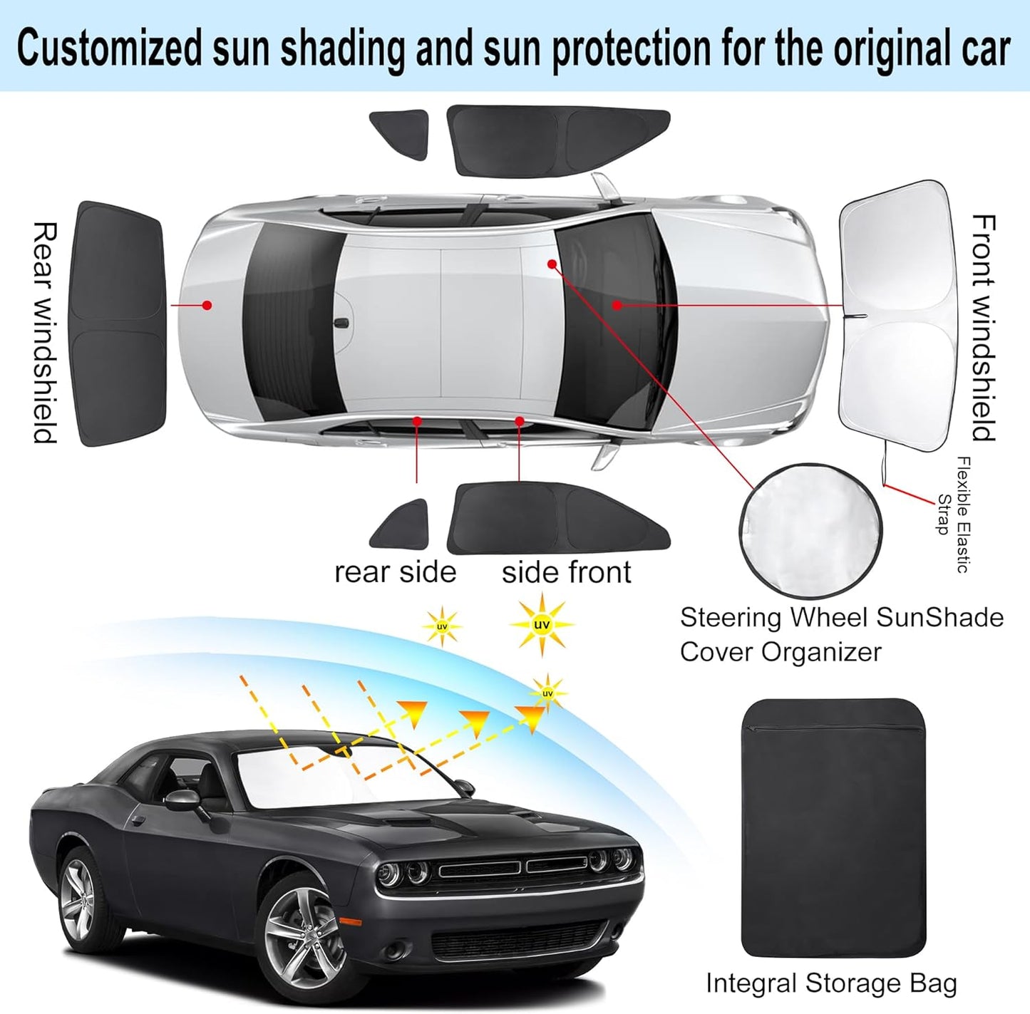 TINGLU Window Shades for Dodge Challenger 2015-2023 (SXT, RT, GT) Accessories Car Side Full Windows Rear Windshield Sun Shade Sun UV Rays & Privacy Protection for Camping,Napping,and Relaxing 6PCS