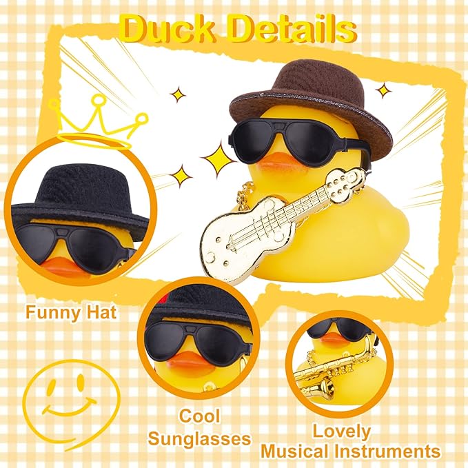 Car Rubber Duck Ornaments Yellow Duck Car Dashboard Decorations with Mini Top Hat Guitar Sunglasses Necklace(G5)