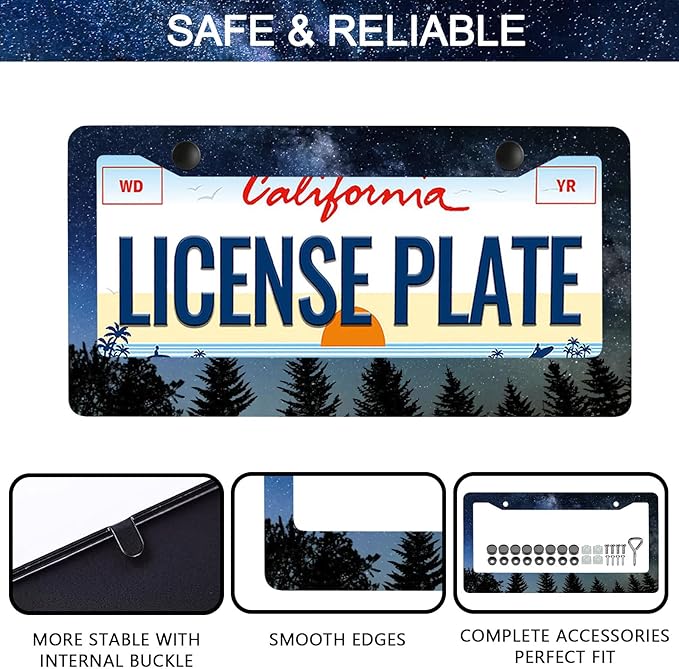 Galaxy Forest License Plate Frame - 2 PCS Blue Galaxy Starry Sky Aluminum Metal Funny License Plate Frames Holder Covers, Rust-Proof Waterproof Car Decorative Tag Frames for Standard US 12x6 Inch