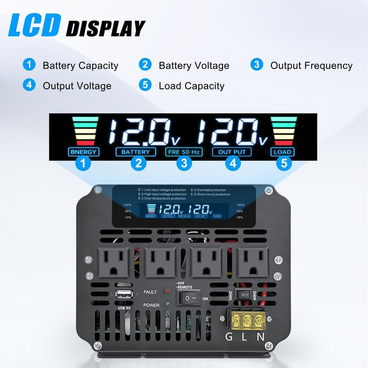 5000W Power Inverter 12V to 110V/120V DC to AC with LCD Display, Remote Controller and 4 x AC Outlets Car Adapter for Car Truck Boat RV Off Grid Solar System