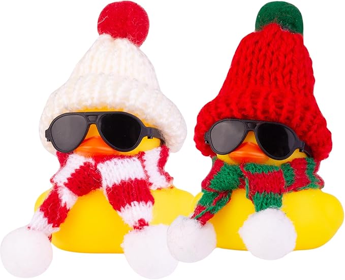 Rubber Duck Car Ornaments 2Pack Winter Duck Car Dashboard Decorations for Christmas Decor and Home Decorations with Mini Hat Scarf and Sunglasses(T14)