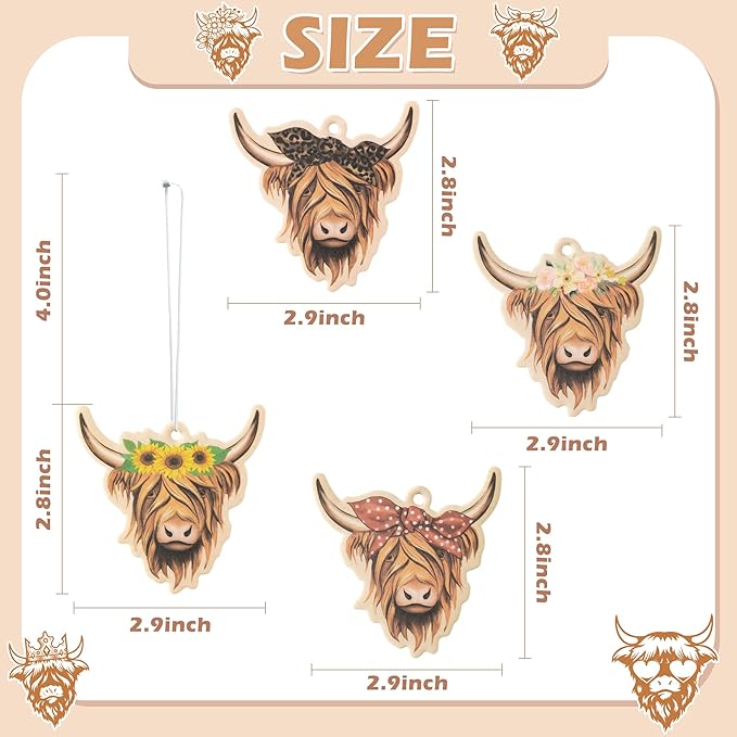 ANGOLIO 4Pcs Highland Cow Air Freshener Car Hanging Gifts for Women Funny Highland Cow Print Car Accessories Hanging Ornament Vent Decoration Aromatic for Party Supplies