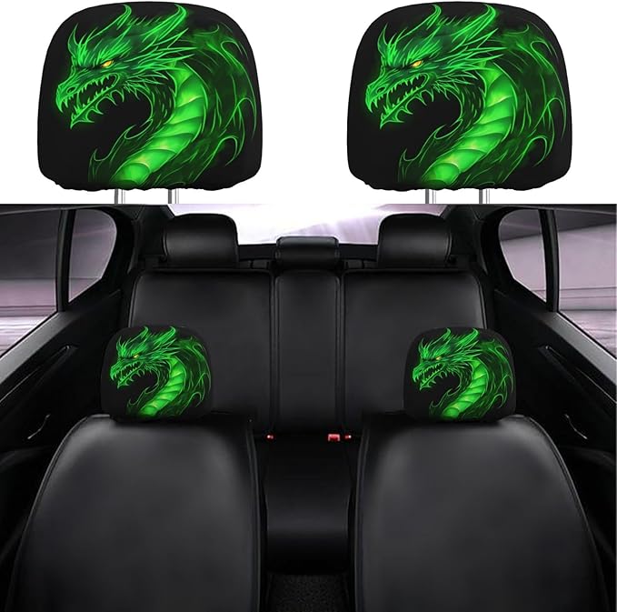Dujiea 2 Pack Dragon Green Fire Car Headrest Covers, Universal Soft Car Seat Head Rest Protector, Vehicle Accessories Fabric Headrest Cover for Cars Vans Trucks