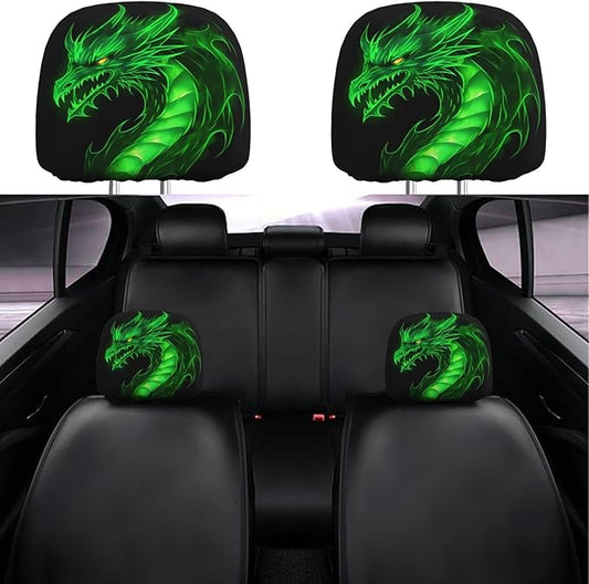 Dujiea 2 Pack Dragon Green Fire Car Headrest Covers, Universal Soft Car Seat Head Rest Protector, Vehicle Accessories Fabric Headrest Cover for Cars Vans Trucks