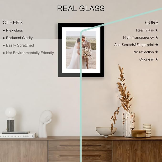 10x12 Picture Frame Set of 4, Made of Real Glass and Black Frame - Display Picture 8x10 with Mat or 10x12 Without Mat, 10 by 12 Photo for Wall Mounting