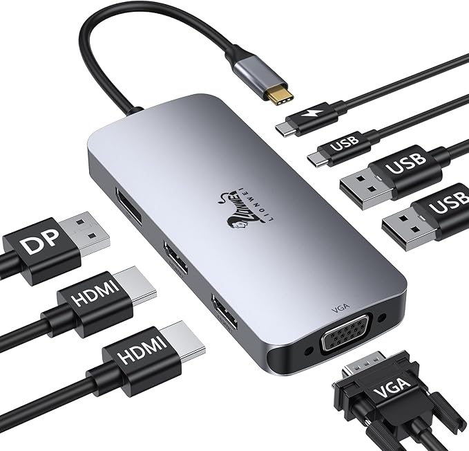 LIONWEI USB C Docking Station Dual Monitor, Laptop Docking Station 3 Monitors Quadruple Display with Dual 4K HDMI, DP, VGA, 100W PD, 3 USB C/A 2.0, Laptop Dock for Dell, Lenovo, HP, Surface