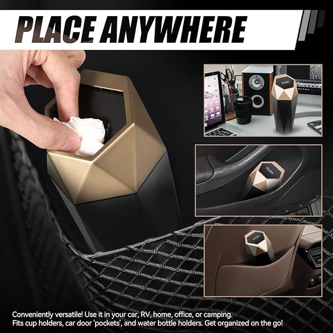 Auto Dynasty Car Trash Can with Lid, Gold Car Garbage Can Cup Holder for Interior, 1 Pack Mini Leakproof Garbage Can, Multipurpose Storage Organizer for Vehicle Home Office