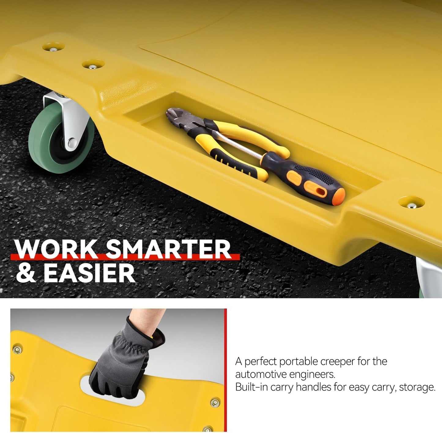 Auto Dynasty 40 Inches Mechanic Creeper, Automotive Garage Repair Low Profile Under Car Rolling Creeper with Padded Headrest, Plastic, Yellow