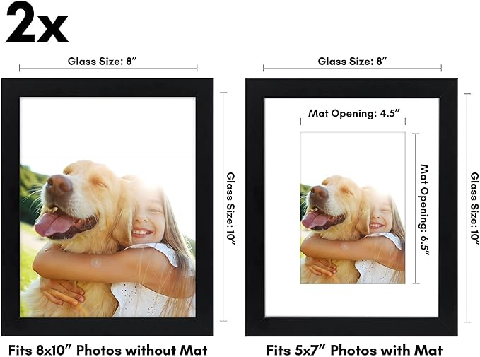 Americanflat 8x10 Picture Frame in Black - Displays 5x7 With Mat and 8x10 Without Mat - Composite Wood with Shatter Resistant Glass - Horizontal and Vertical Formats for Wall and Tabletop - Pack of 2